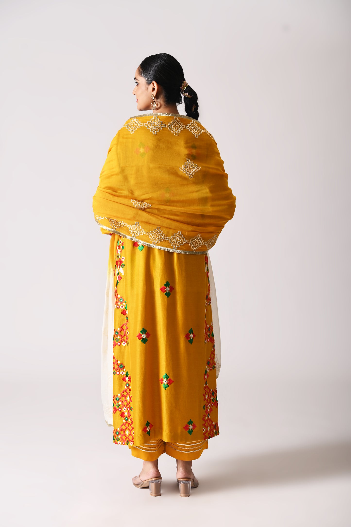 Patola - Side-Kali Kurta Set - Mustard Yellow