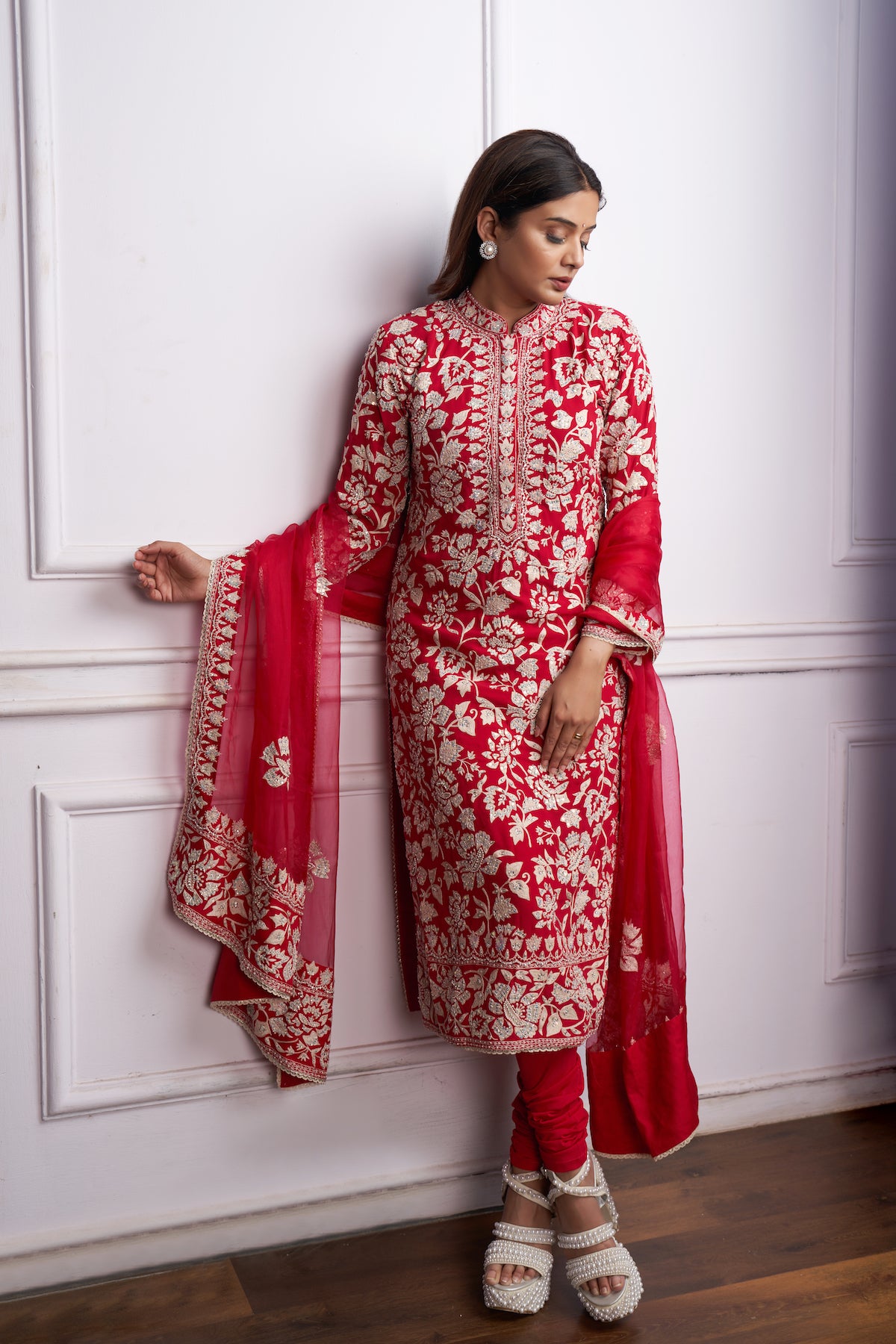 Nazrana - Flower Jaal Long Kurta Set - Red