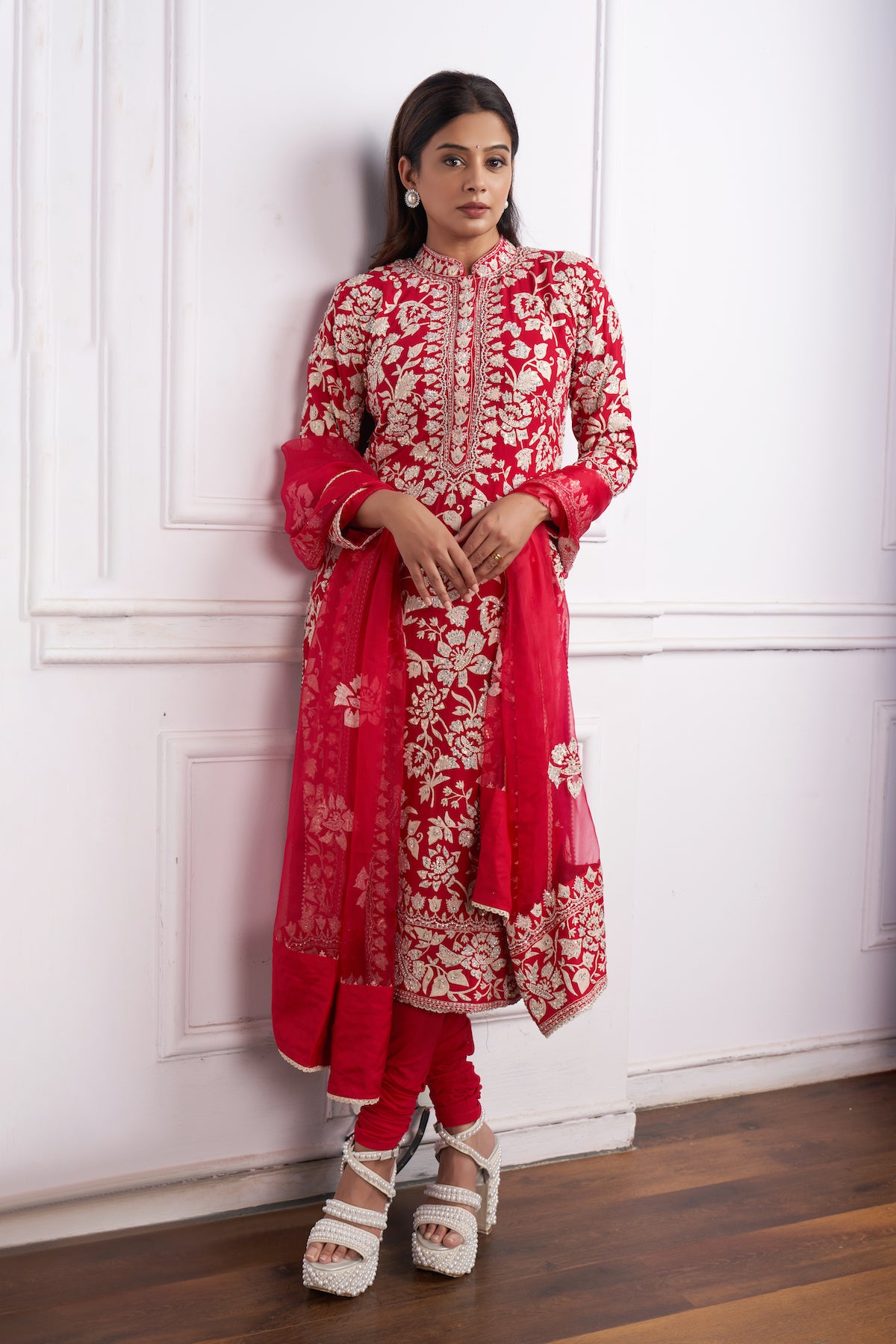 Nazrana - Flower Jaal Long Kurta Set - Red