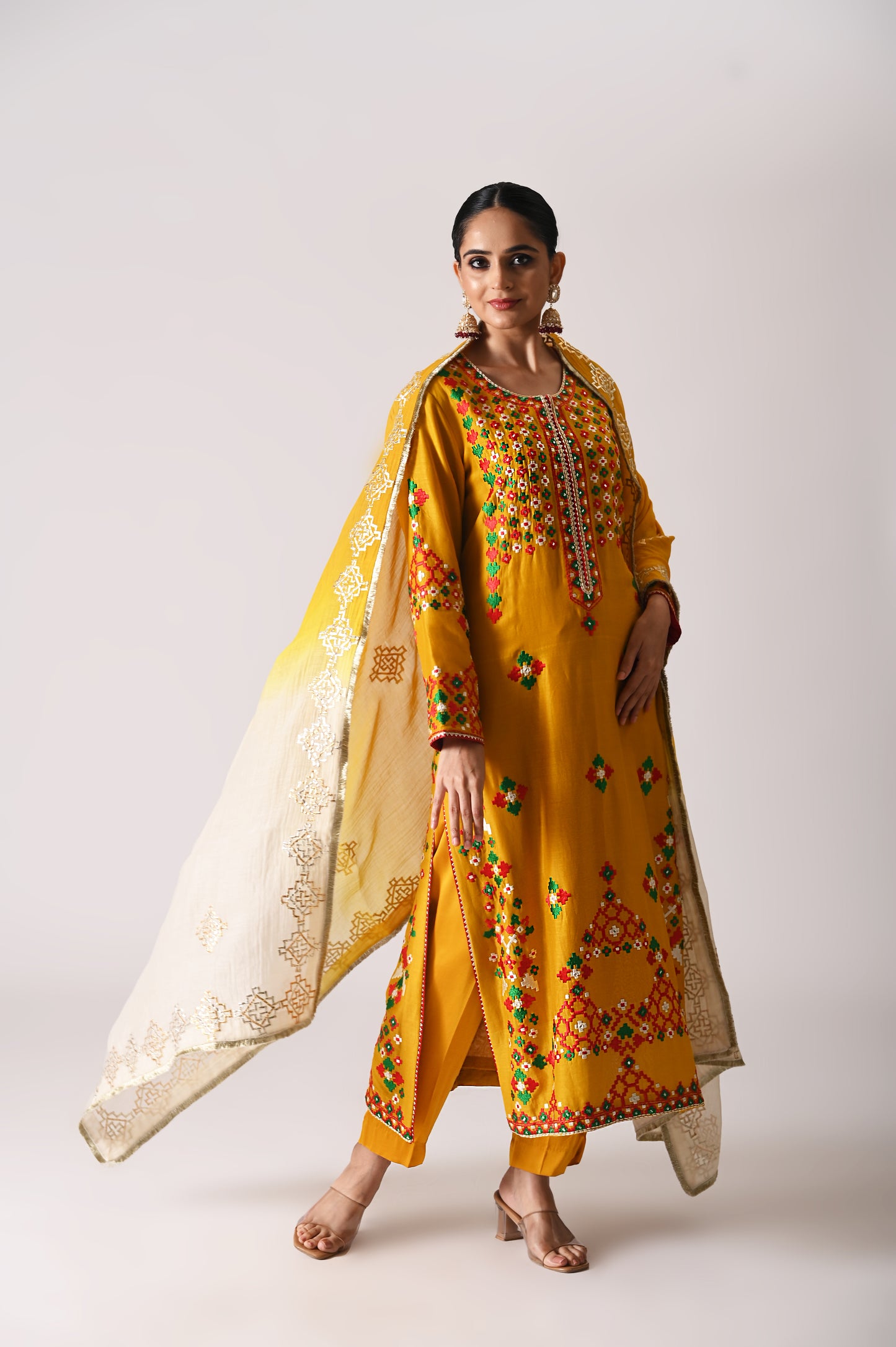 Patola - Long Kurta Set - Mustard Yellow