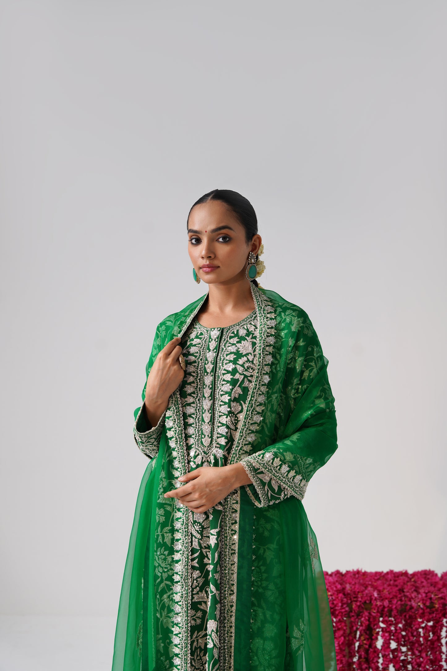 Nazrana - Flower Jal Long Kurta Set -  Green