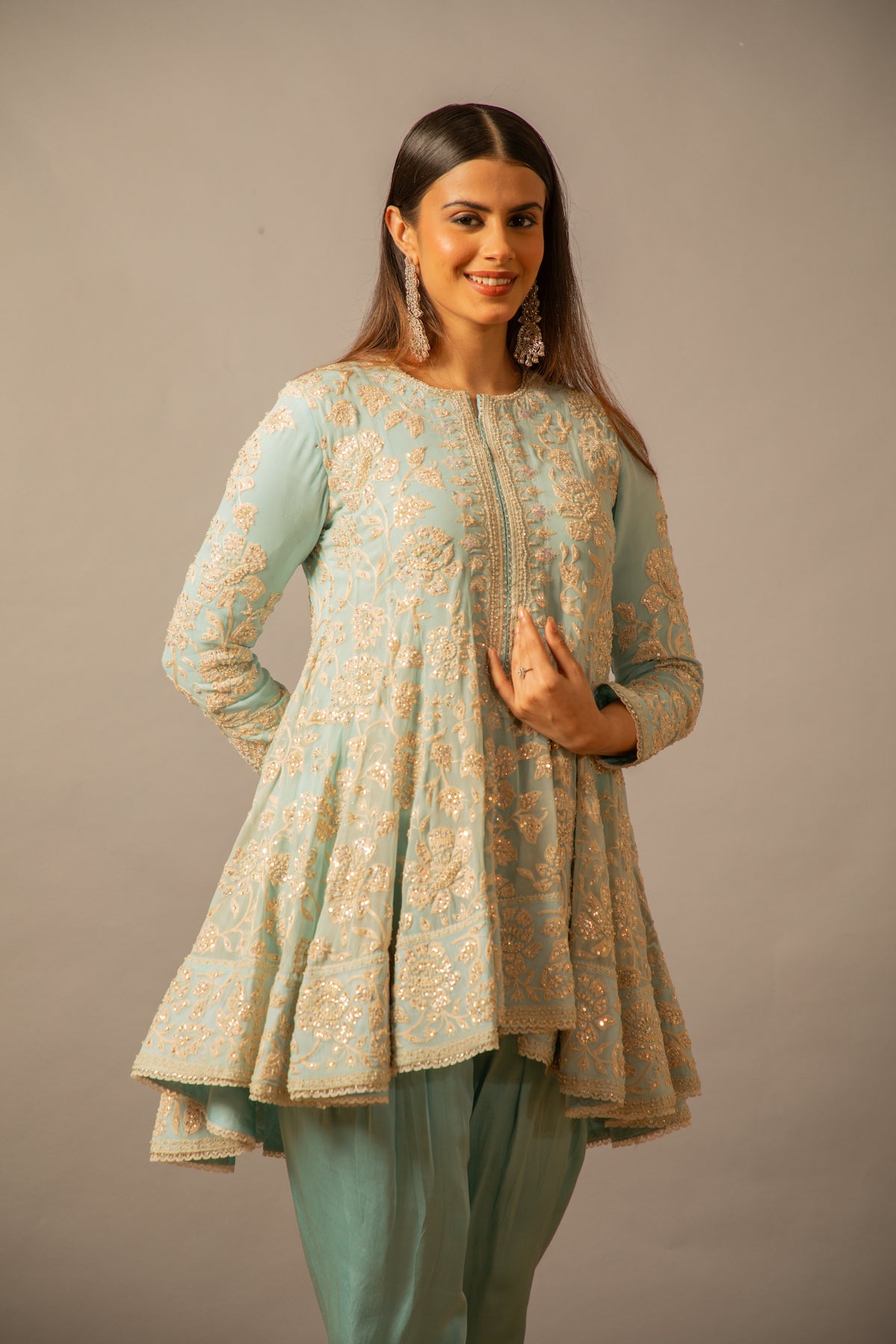 Nazrana - Flower Jaal Kalidar Set - Powder Blue