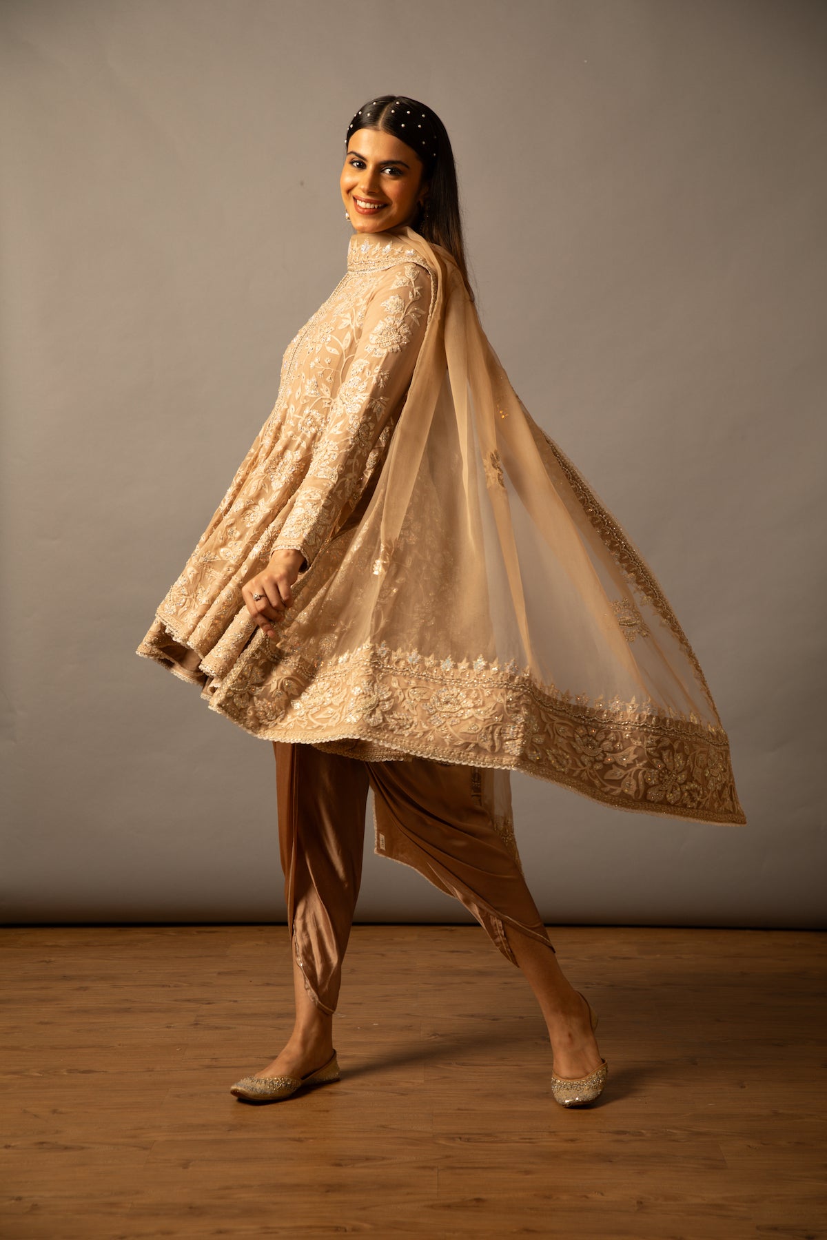 Nazrana - Flower Jaal Kalidar Set - Beige