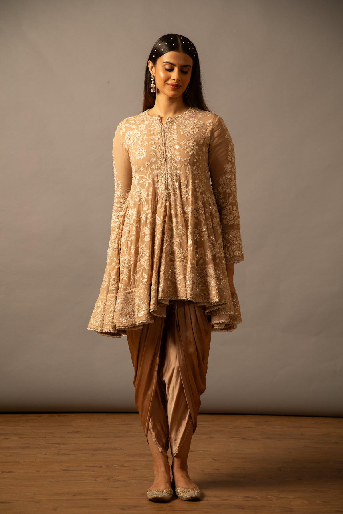 Nazrana - Flower Jaal Kalidar Set - Beige