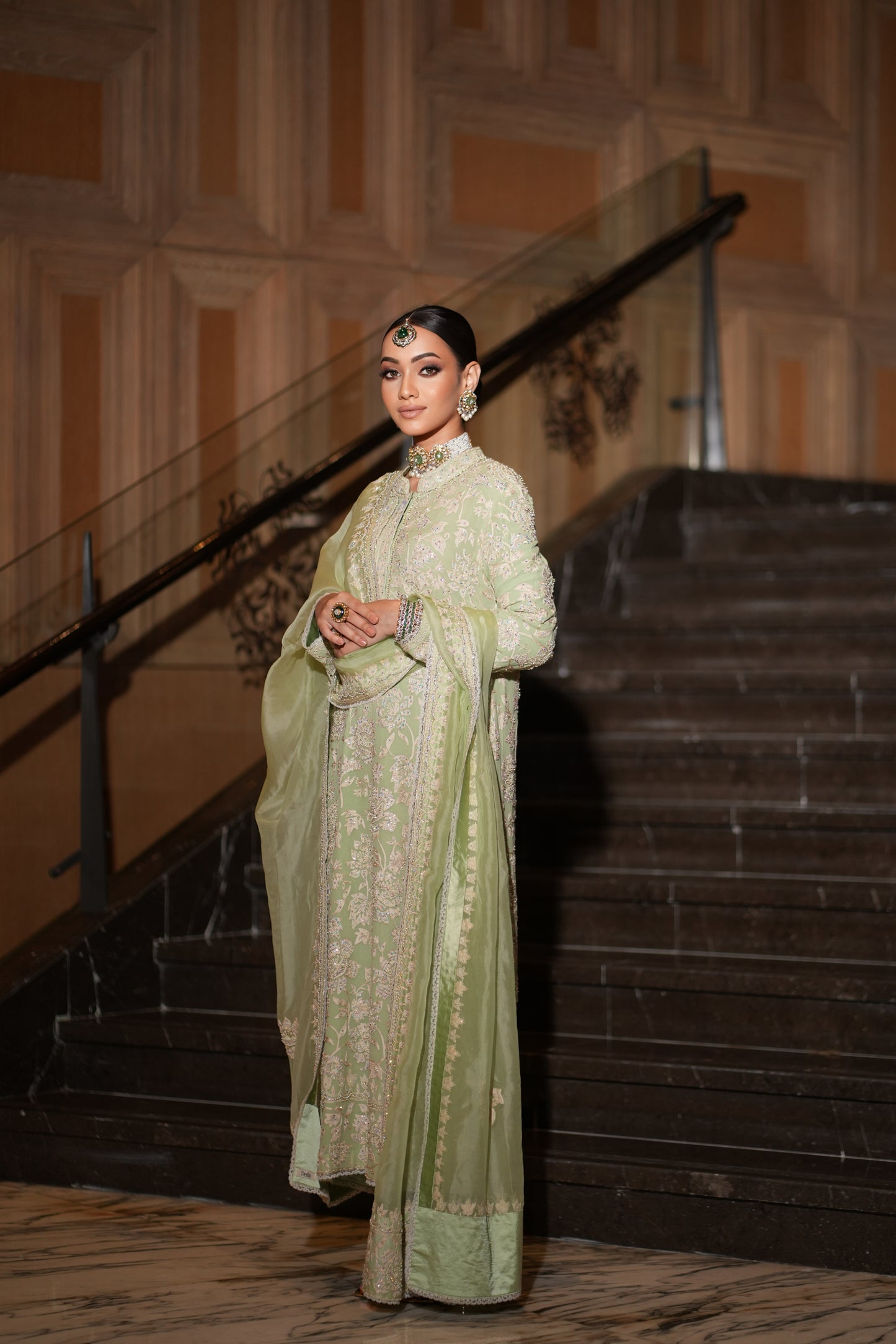Nazrana - Flower Jaal Long Kurta Set - Pista Green