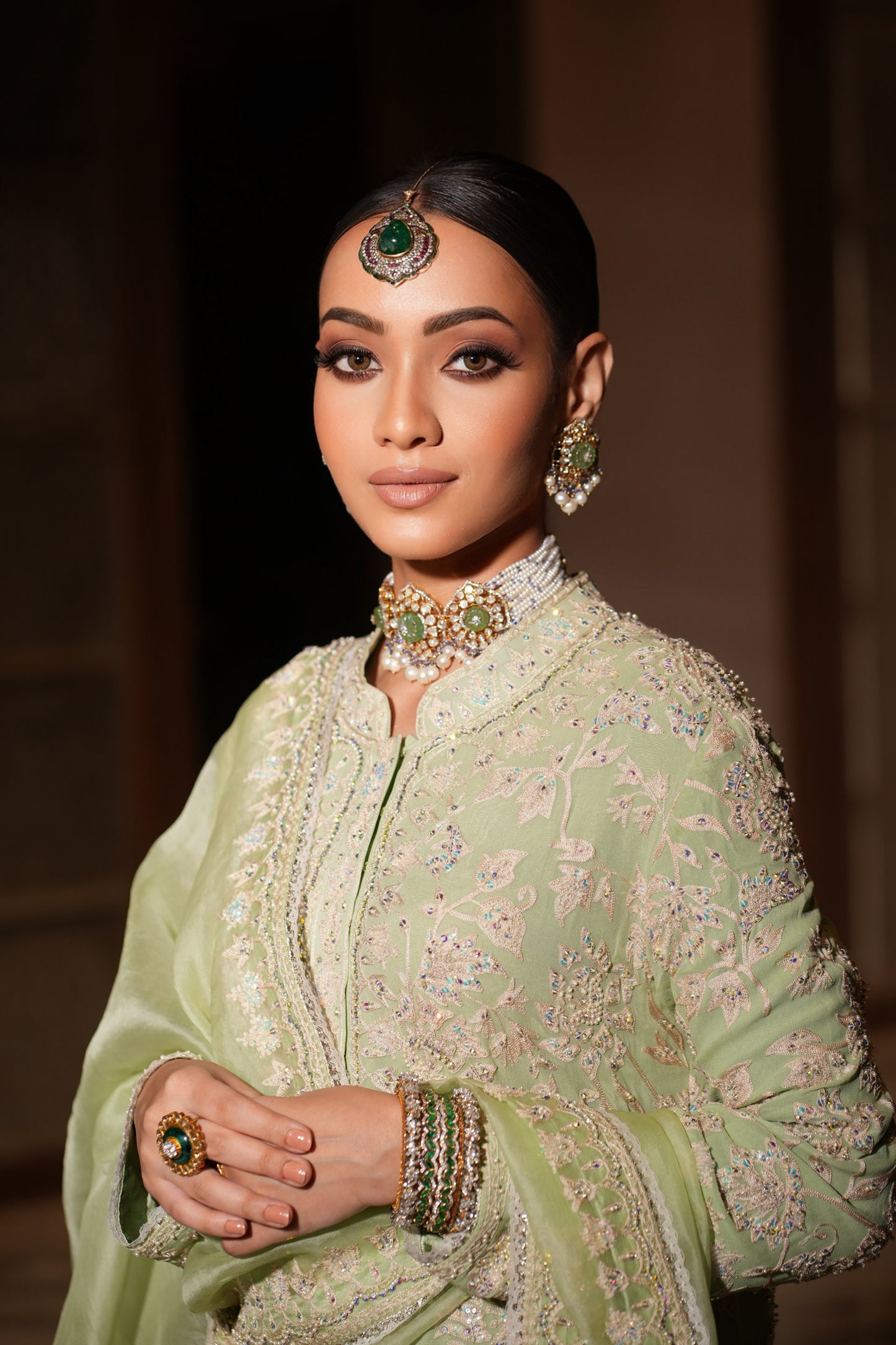 Nazrana - Flower Jaal Long Kurta Set - Pista Green