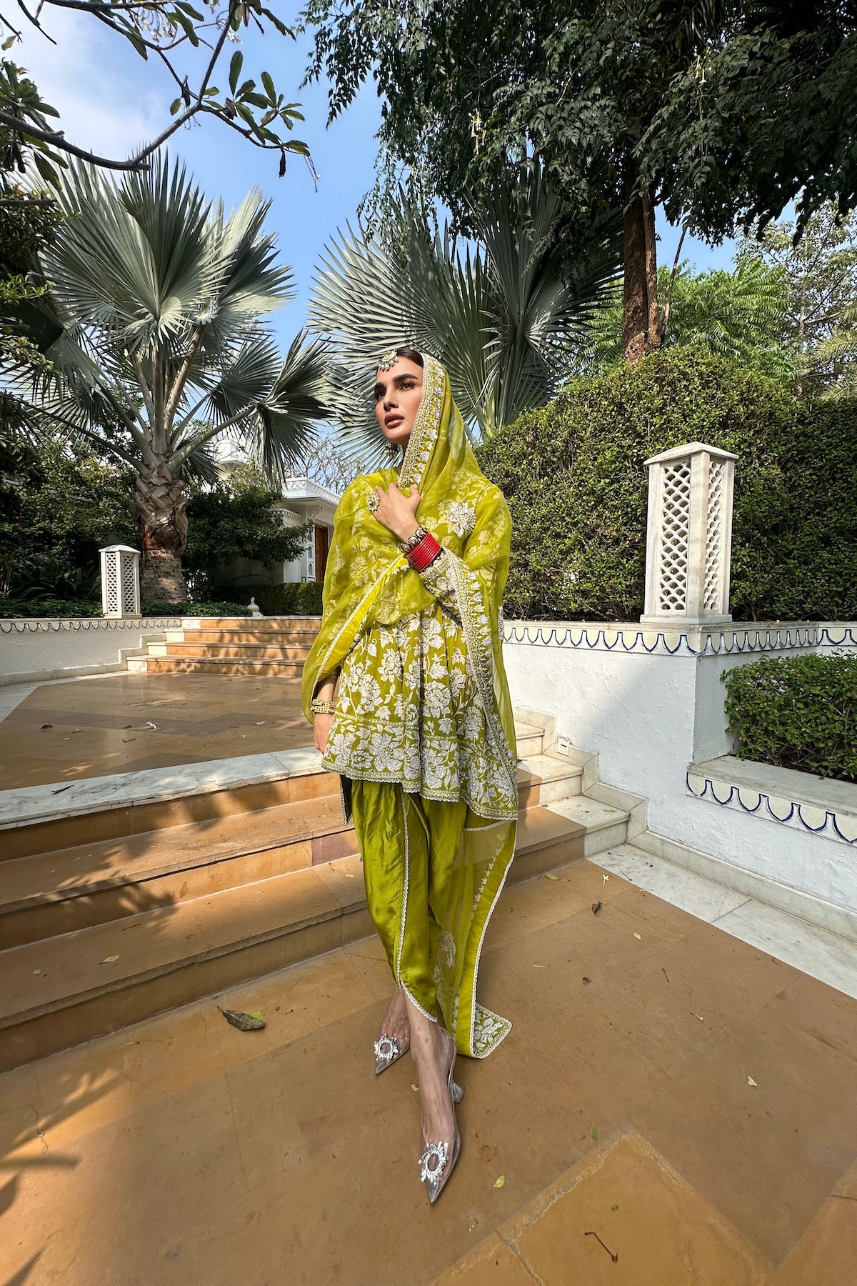 Nazrana - Flower Jaal Kalidar Set - Mehndi Green