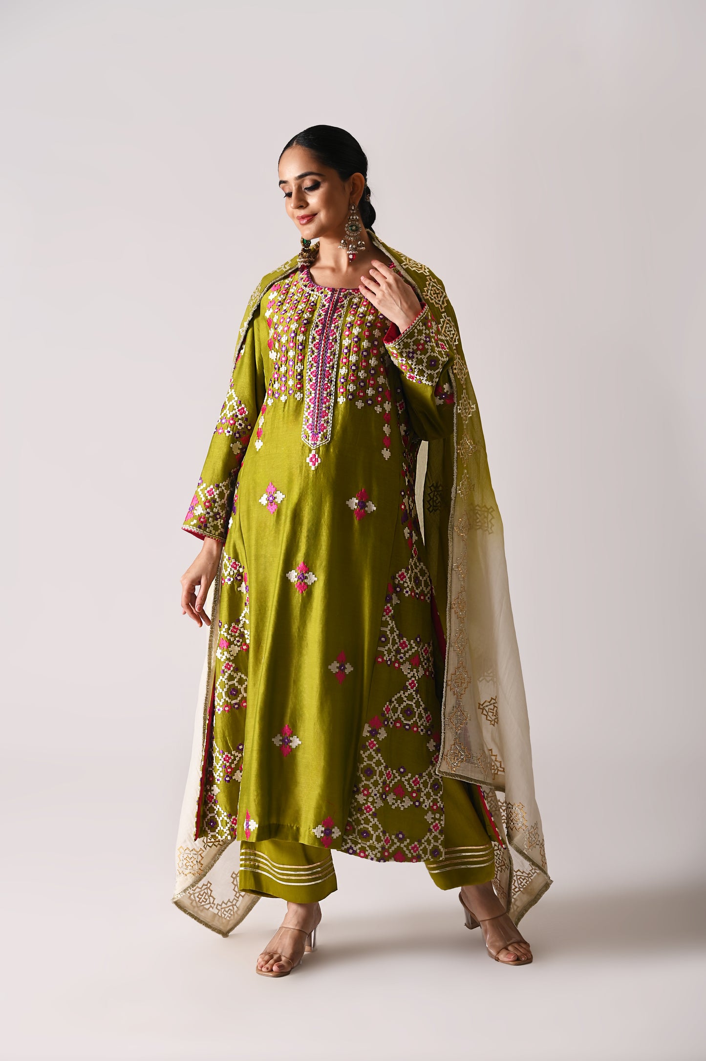 Patola - Side-Kali Kurta Set - Mehndi Green