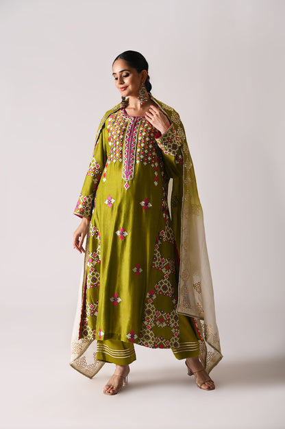 Patola - Side-Kali Kurta Set - Mehndi Green