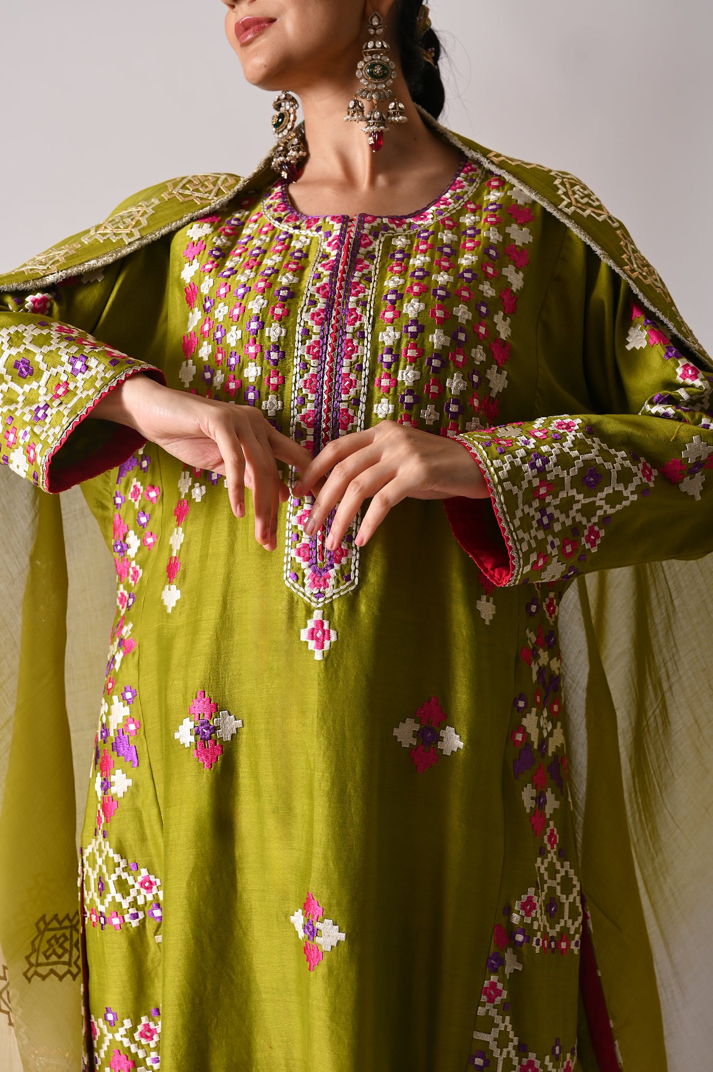Patola - Side-Kali Kurta Set - Mehndi Green