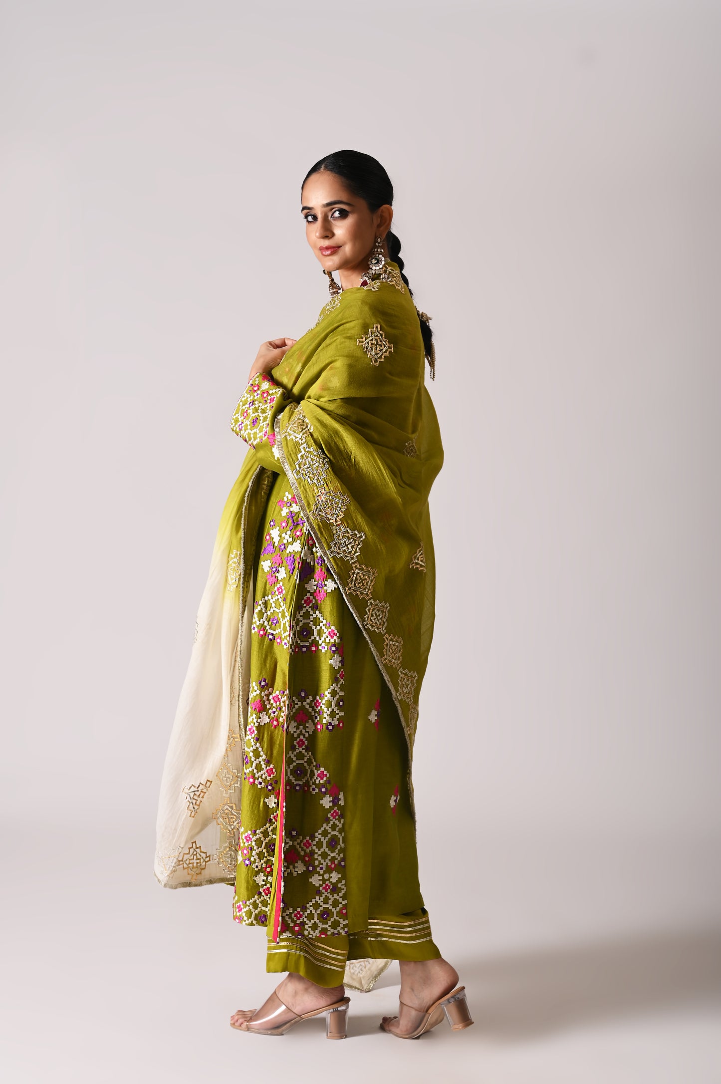 Patola - Side-Kali Kurta Set - Mehndi Green