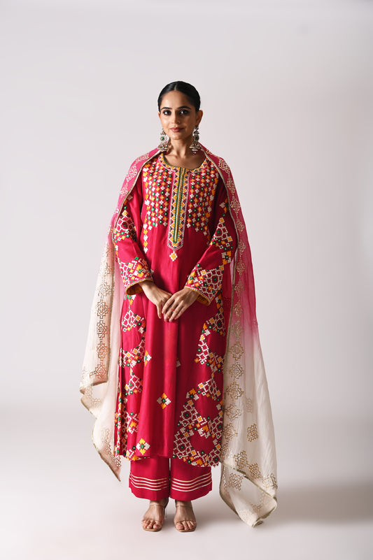 Patola - Side-Kali Kurta Set - Pink