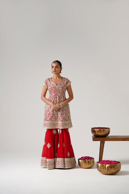 Dilruba - Short Kurta Sharara Set - Red