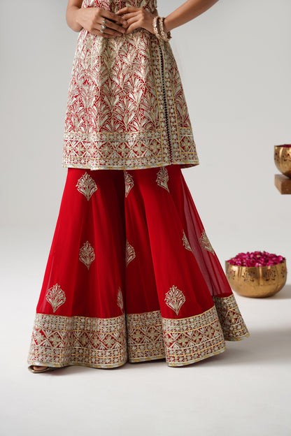 Dilruba - Short Kurta Sharara Set - Red