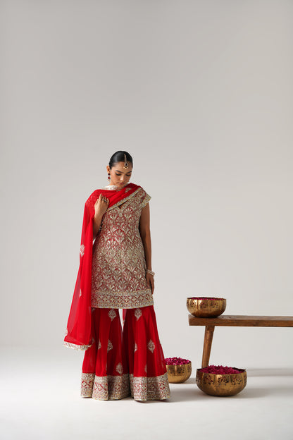 Dilruba - Short Kurta Sharara Set - Red