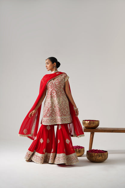 Dilruba - Short Kurta Sharara Set - Red