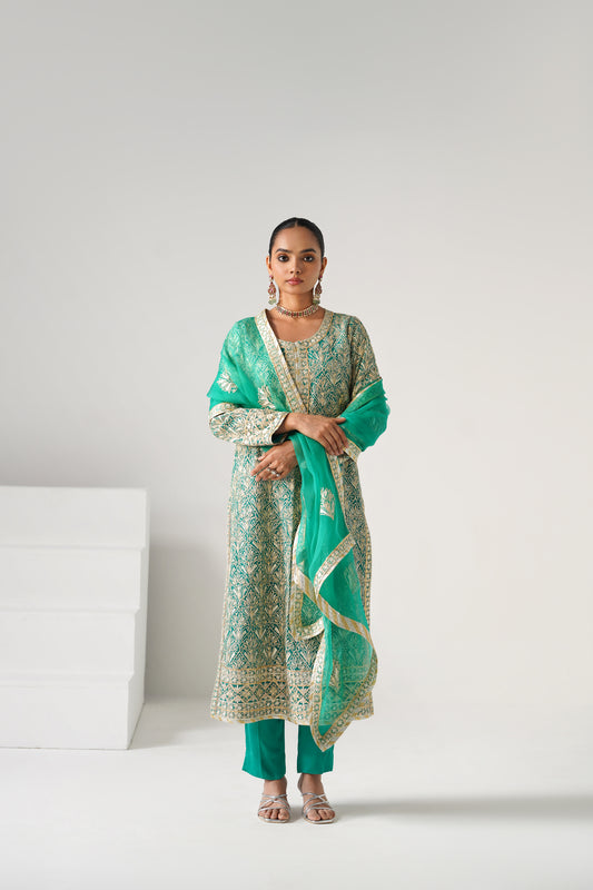 Dilruba - Long Kurta Set - Aqua