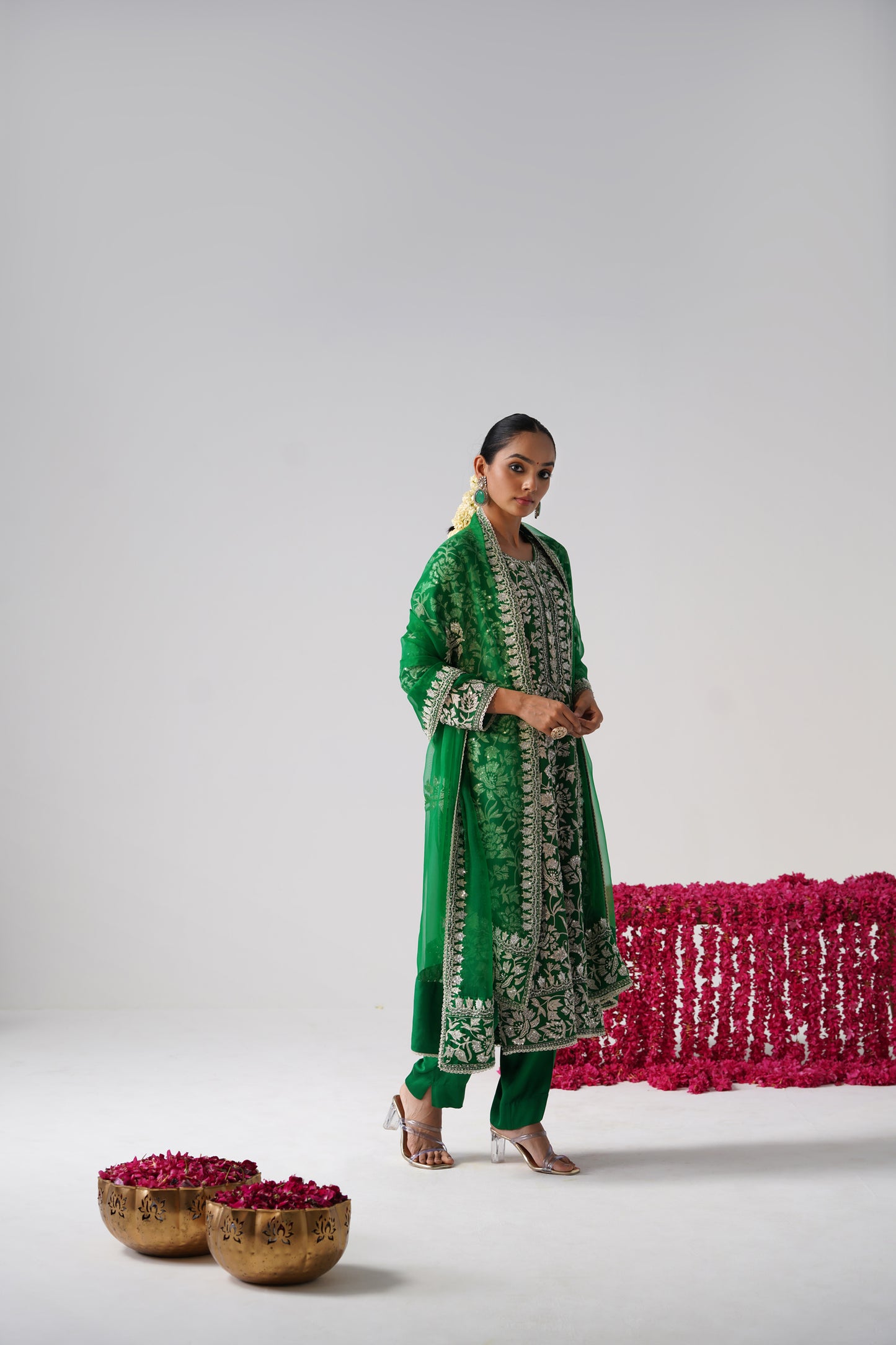 Nazrana - Flower Jal Long Kurta Set -  Green