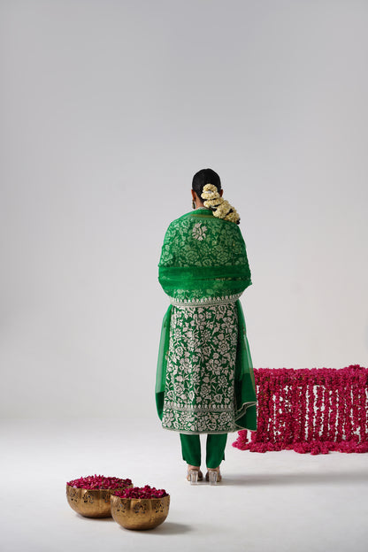 Nazrana - Flower Jal Long Kurta Set -  Green