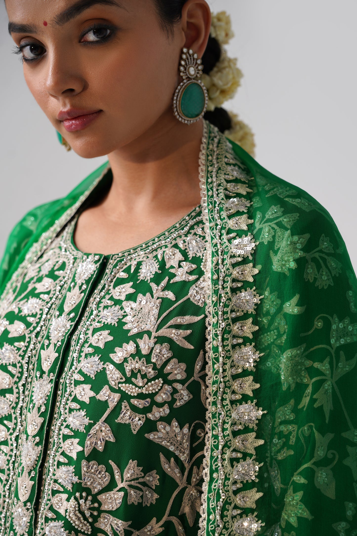 Nazrana - Flower Jal Long Kurta Set -  Green