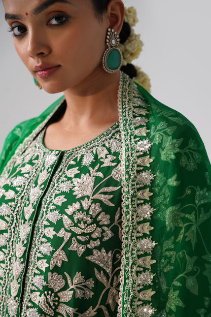 Nazrana - Flower Jal Long Kurta Set -  Green