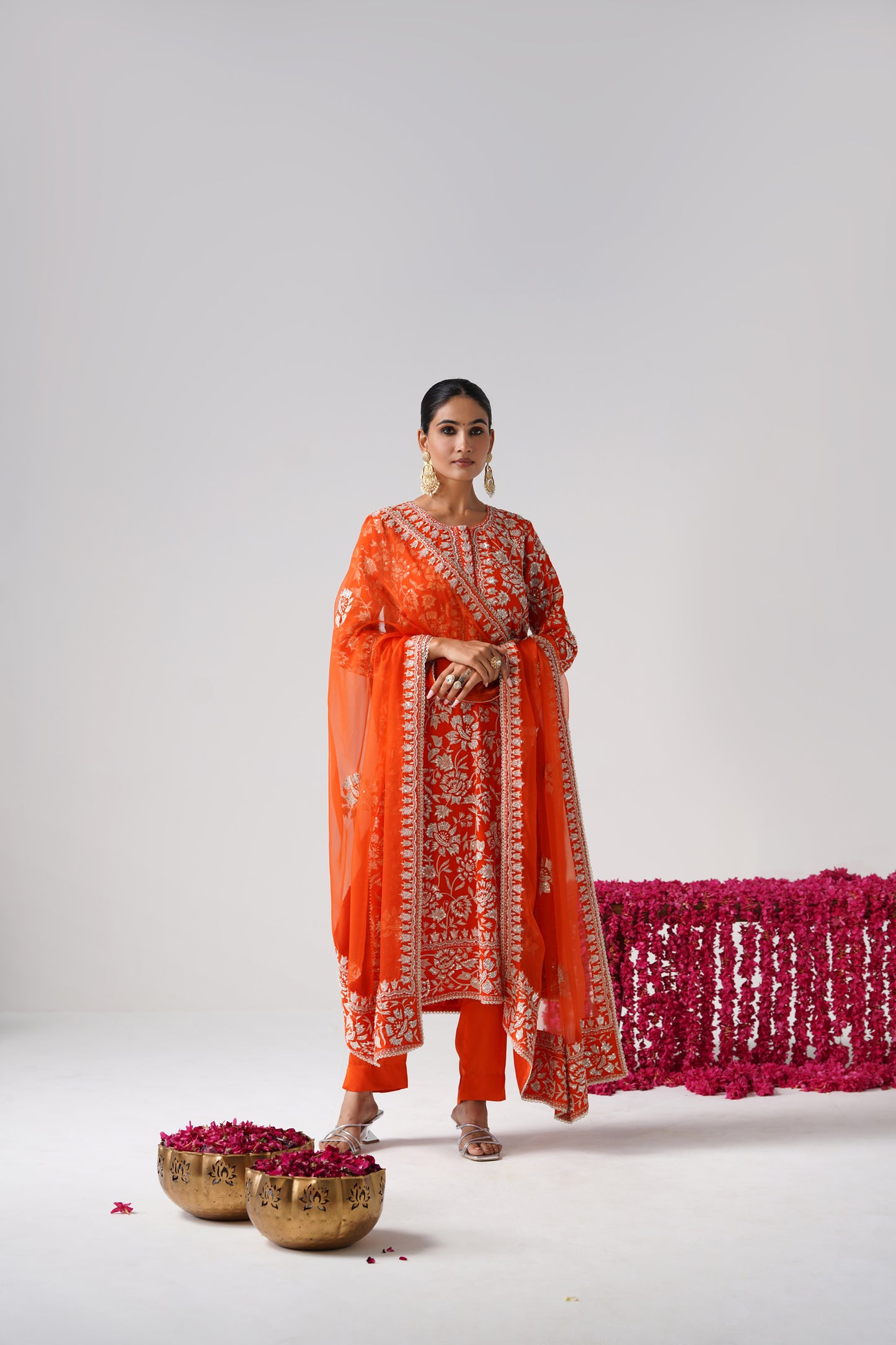Nazrana - Flower Jal Long Kurta Set - Orange