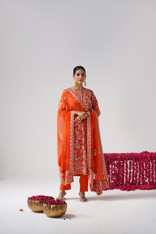 Nazrana - Flower Jal Long Kurta Set - Orange