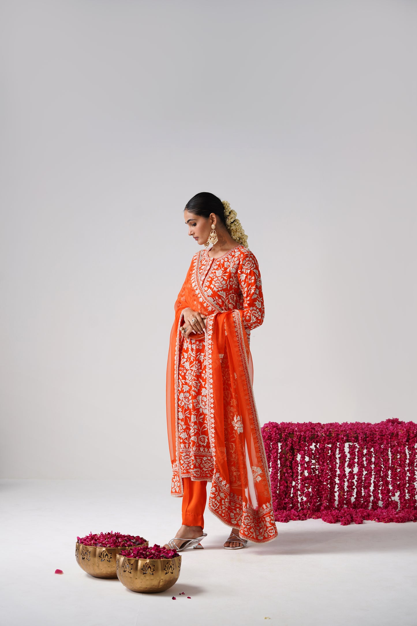 Nazrana - Flower Jal Long Kurta Set - Orange