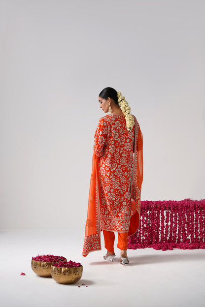 Nazrana - Flower Jal Long Kurta Set - Orange