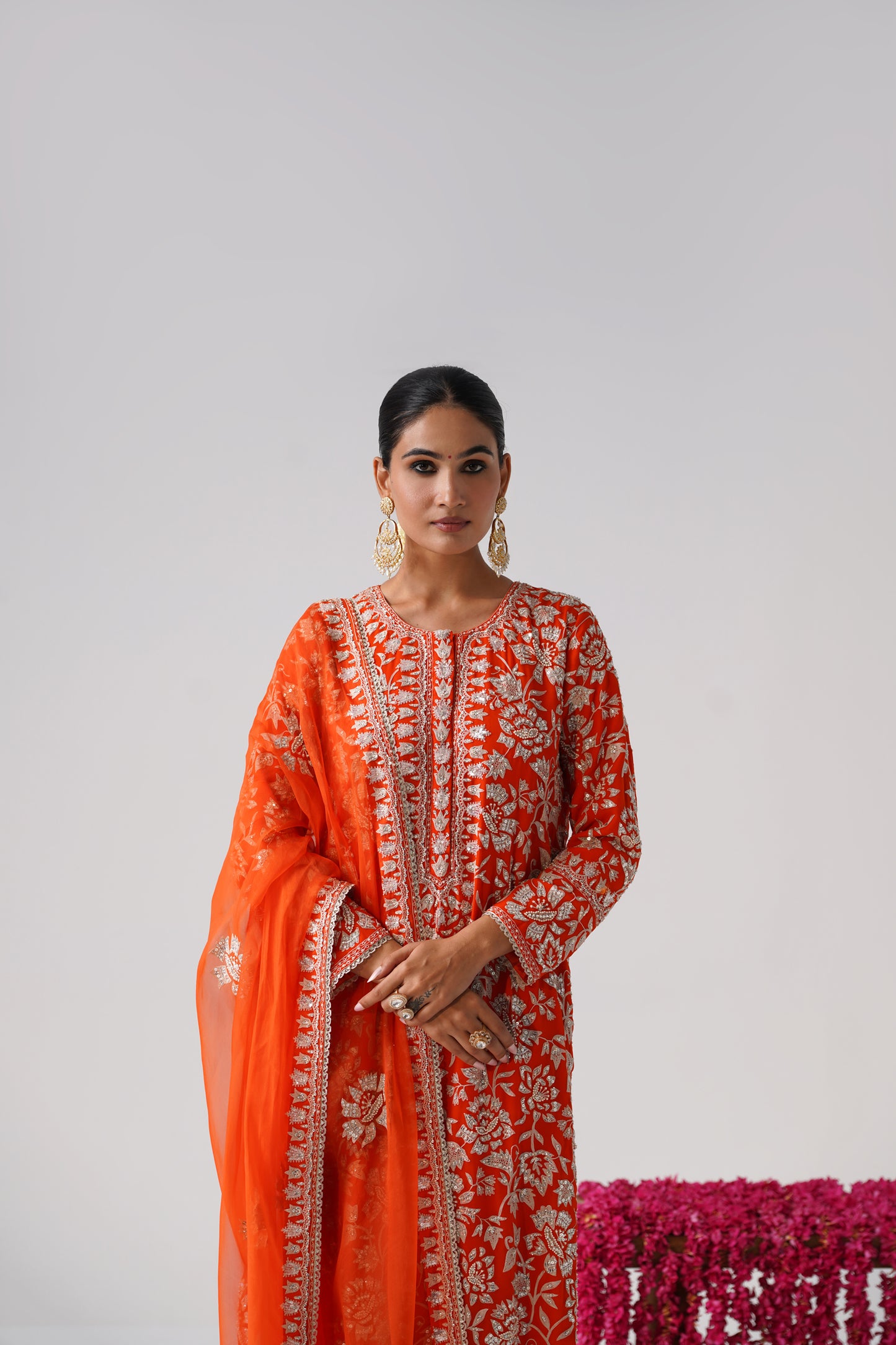 Nazrana - Flower Jal Long Kurta Set - Orange