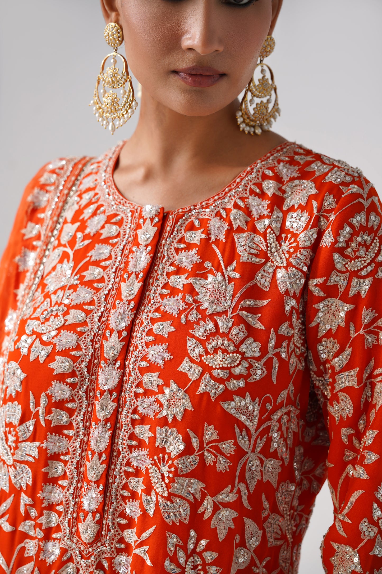 Nazrana - Flower Jal Long Kurta Set - Orange