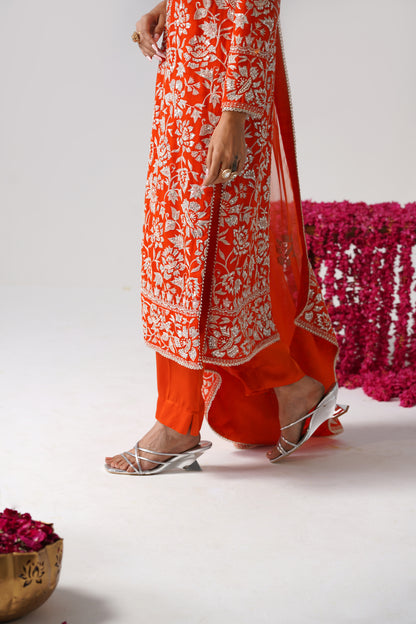 Nazrana - Flower Jal Long Kurta Set - Orange