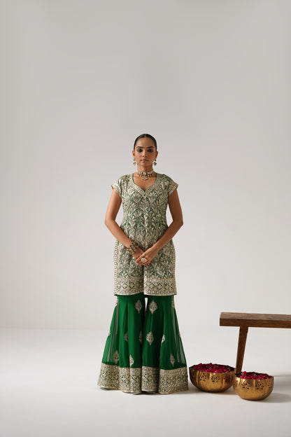 Dilruba - Short Kurta Sharara Set - Green