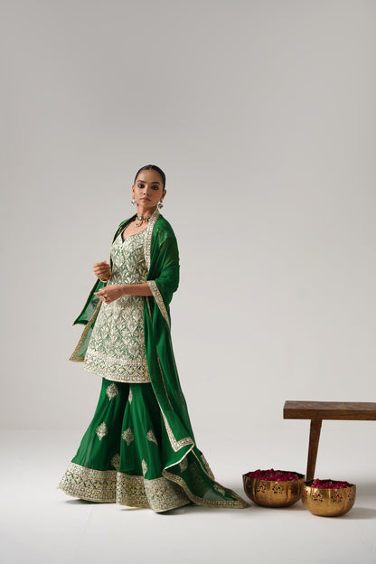 Dilruba - Short Kurta Sharara Set - Green