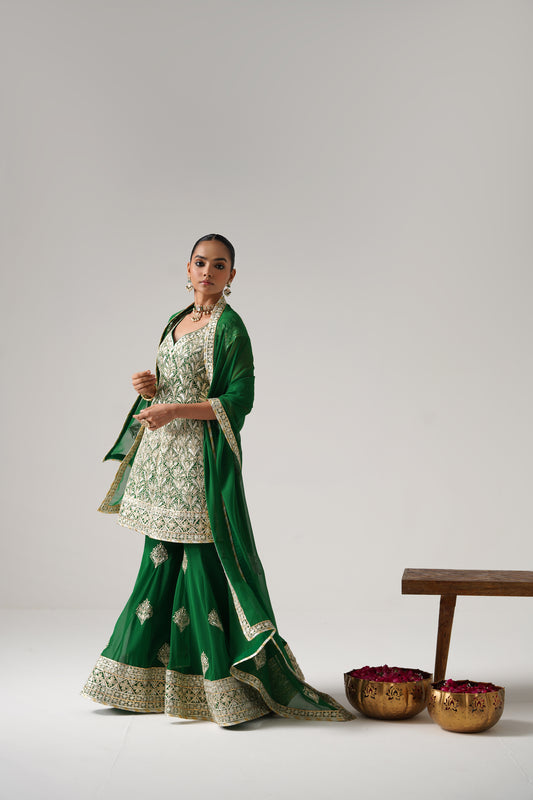 Dilruba - Short Kurta Sharara Set - Green