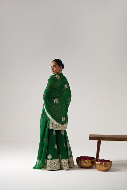 Dilruba - Short Kurta Sharara Set - Green