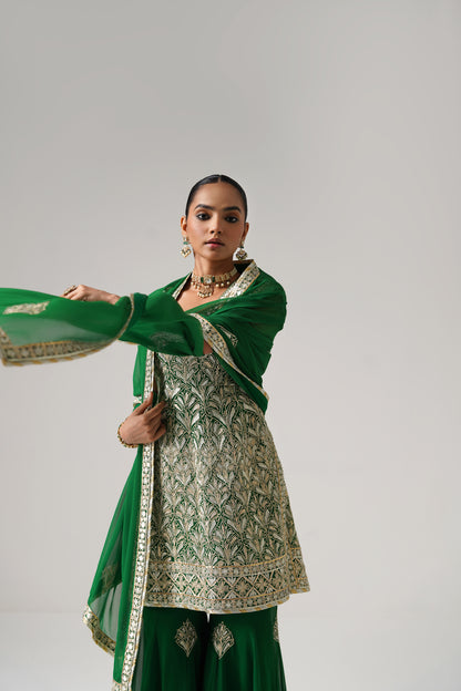 Dilruba - Short Kurta Sharara Set - Green