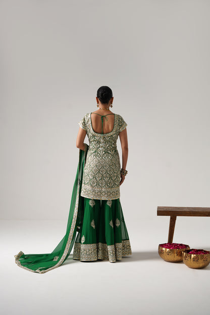 Dilruba - Short Kurta Sharara Set - Green