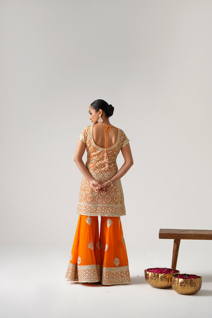 Dilruba - Short kurta Sharara set - Orange