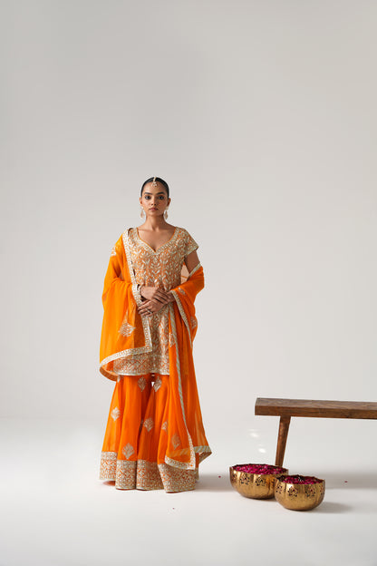 Dilruba - Short kurta Sharara set - Orange