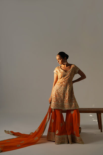 Dilruba - Short kurta Sharara set - Orange