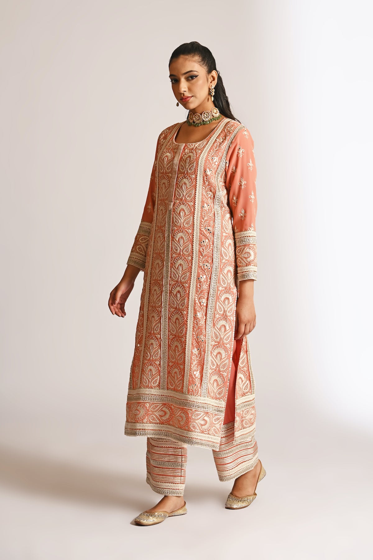 Amyra - Long Kurta Set - Peach