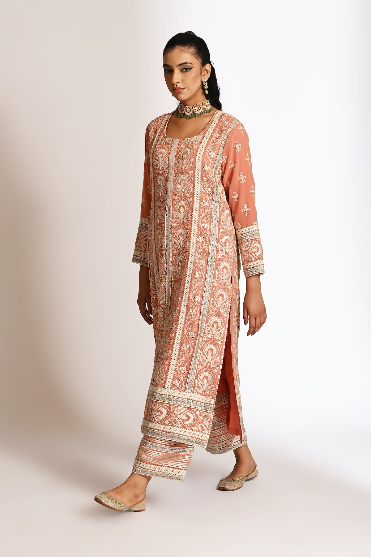 Amyra - Long Kurta Set - Peach