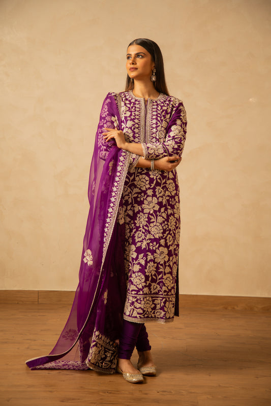 Nazrana - Flower Jaal Long Kurta Set - Purple