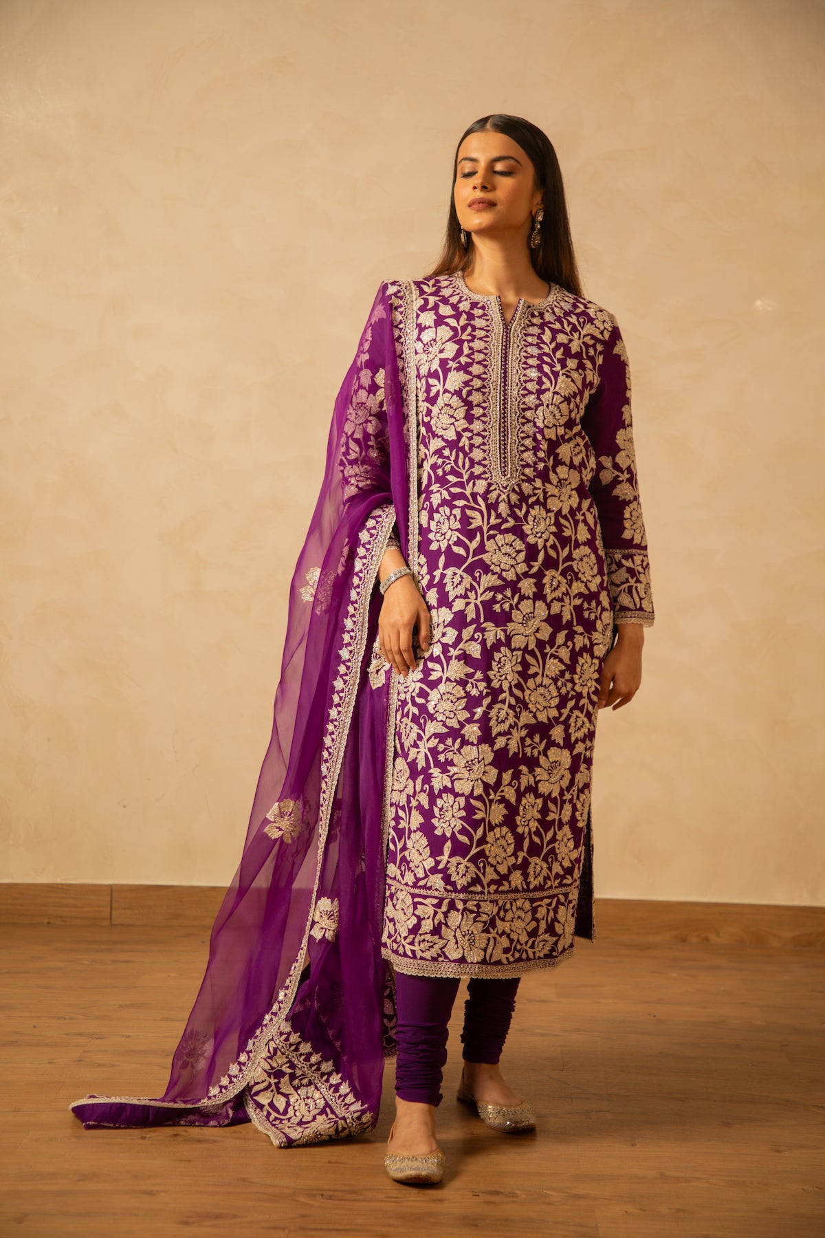 Nazrana - Flower Jaal Long Kurta Set - Purple