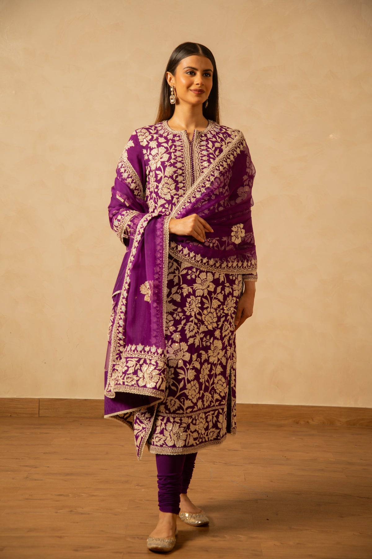 Nazrana - Flower Jaal Long Kurta Set - Purple