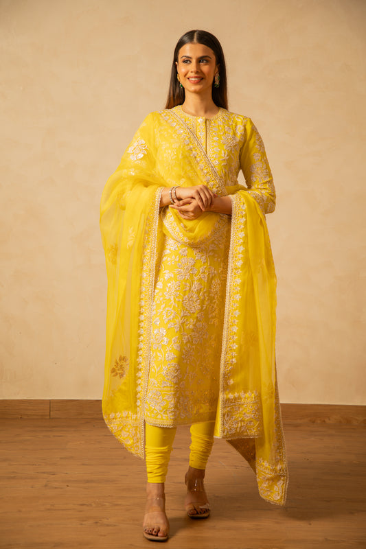 Nazrana - Flower Jaal Long Kurta Set - Lime Yellow