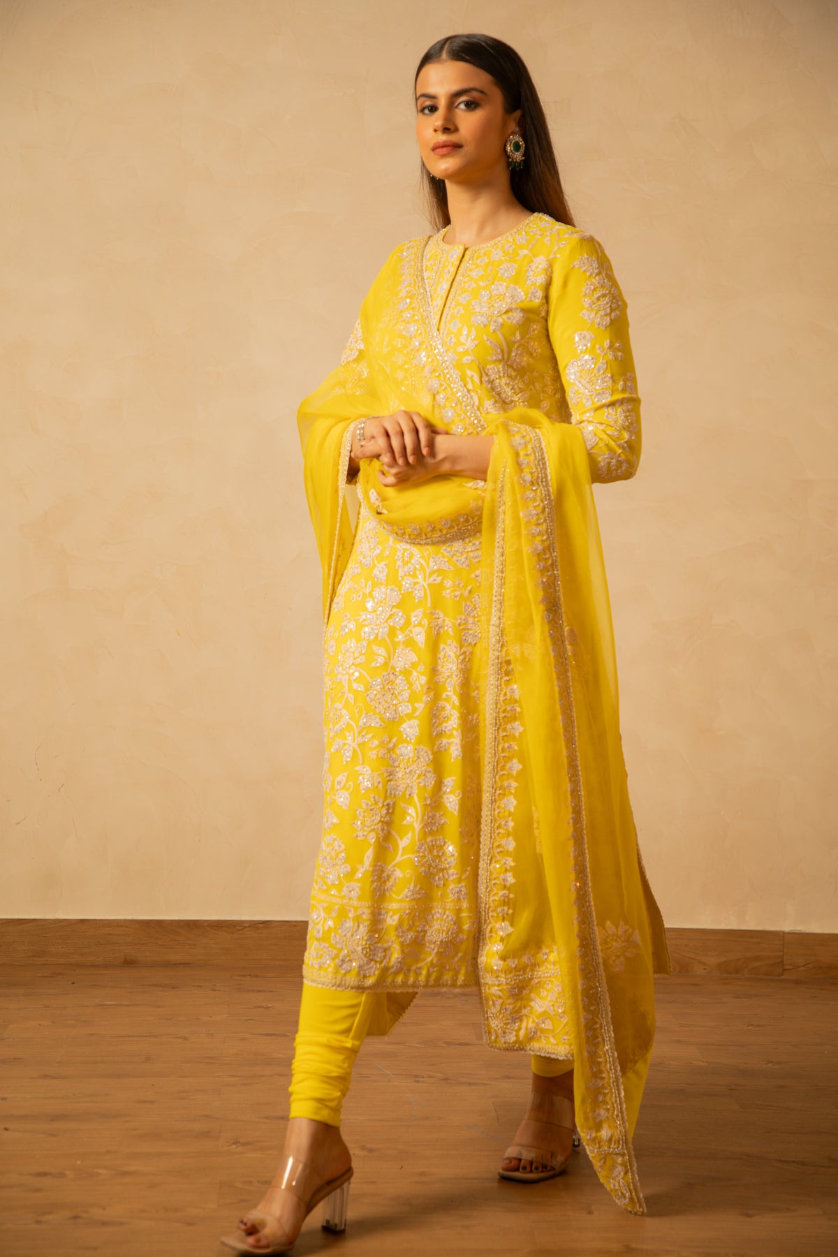 Nazrana - Flower Jaal Long Kurta Set - Lime Yellow