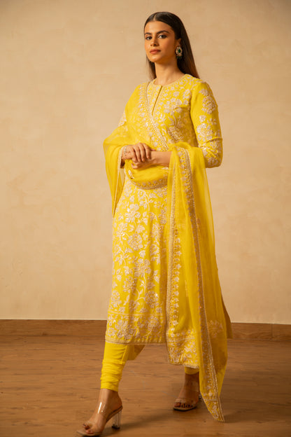 Nazrana - Flower Jaal Long Kurta Set - Lime Yellow