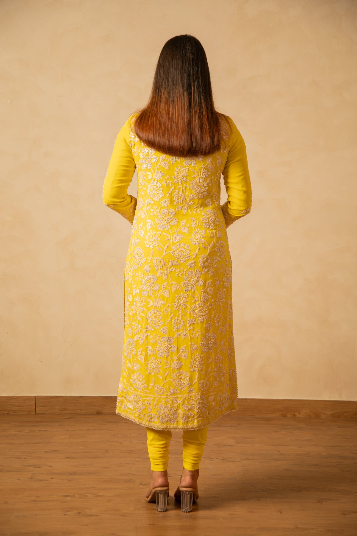 Nazrana - Flower Jaal Long Kurta Set - Lime Yellow